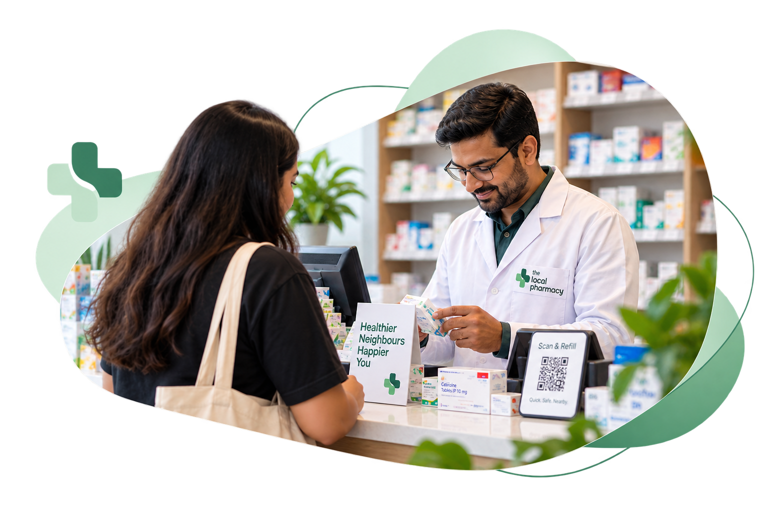 A pharmacist handing a customer their medicine across the counter