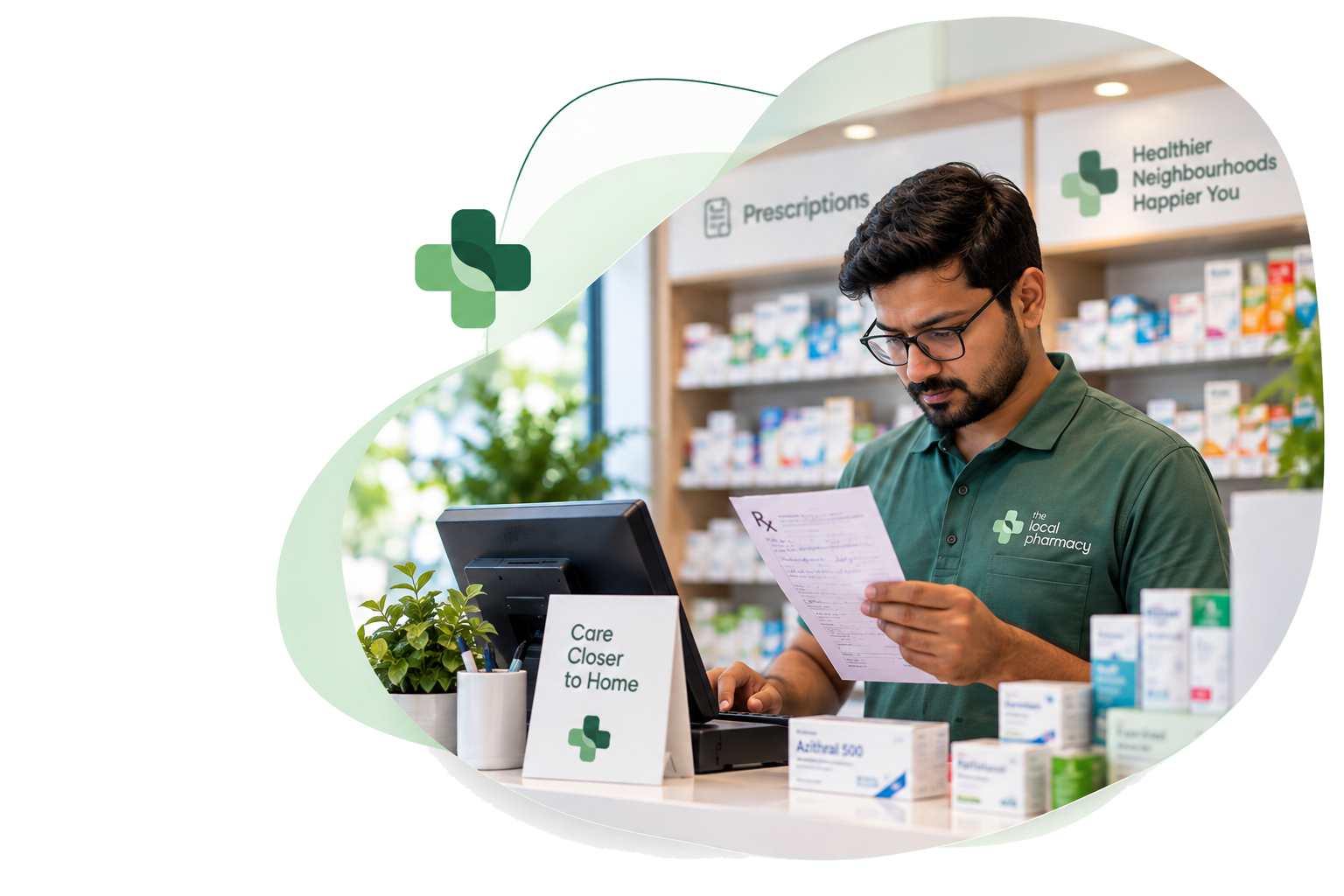 A pharmacist at the dispensing counter reading a prescription